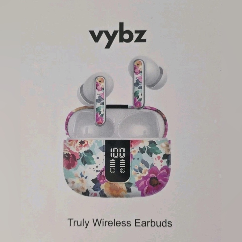 VYBZ True Wireless Earbuds In-Ear Headphones LED Display Charging Case Floral